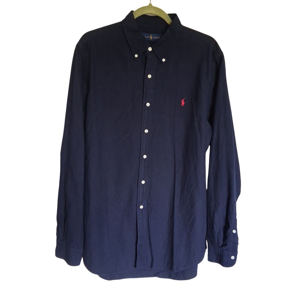Ralph Lauren Mens L Navy Blue Button Down Shirt Pink Pony 100% Cotton